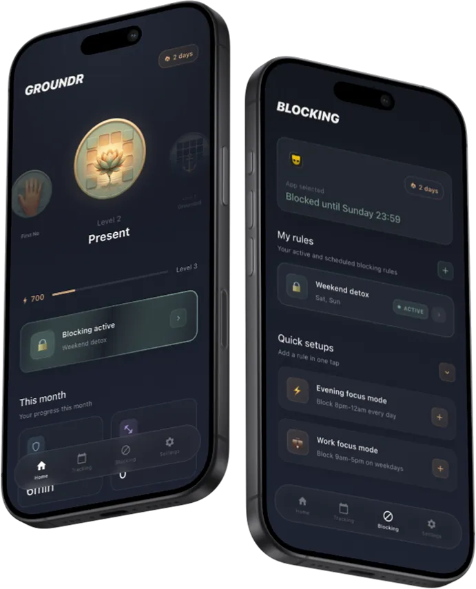 Groundr app displayed on iPhone showing the dashboard with streak counter, breathing exercises, and smart blocking features
